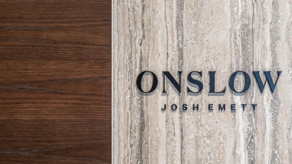 Onslow, Josh Emett, lettering in travertine
